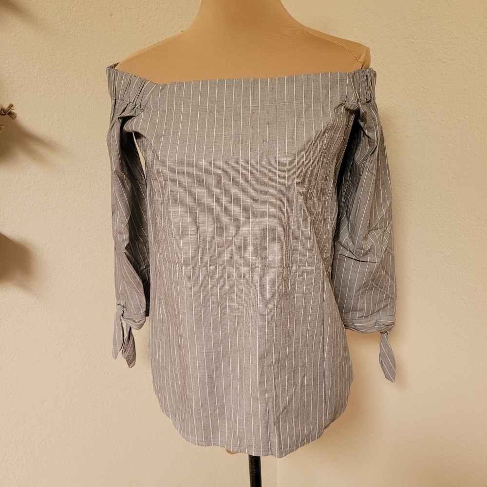 Banana Republic Grey and White Striped Off Shoulder Blouse